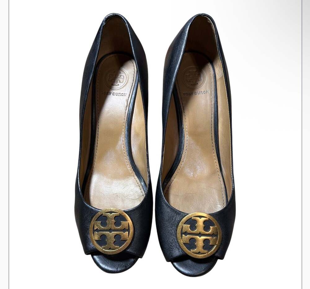 Tory Burch Black Leather Gold Medallion Peep Toe Wedge Pumps Size 7.5M